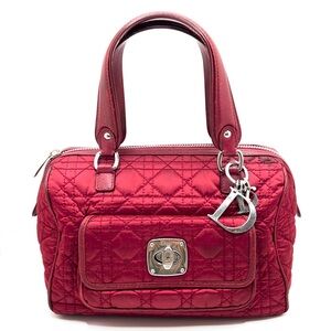 Authentic Christian DIOR Red Nylon x Leather Cannage Twist Lock Handbag W/ Charm